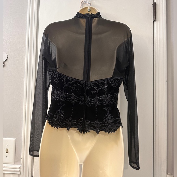 Tadashi Shoji Vintage Black Velvet Sheer Beaded Top with Mesh, Size XL - Picture 3 of 14